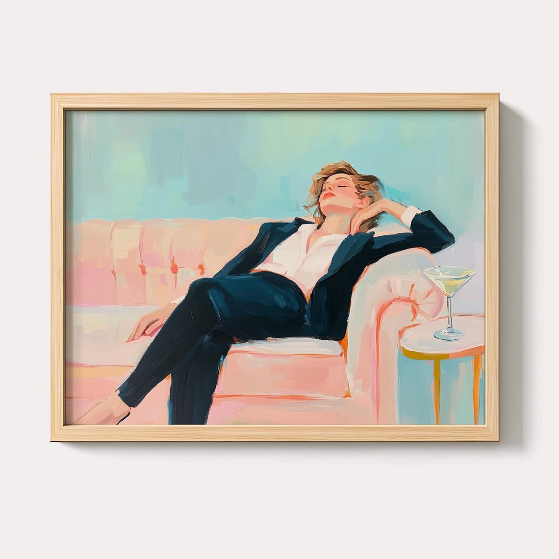 Woman Reclining on Pink Couch Pastel Cocktail Lounge Art Poster