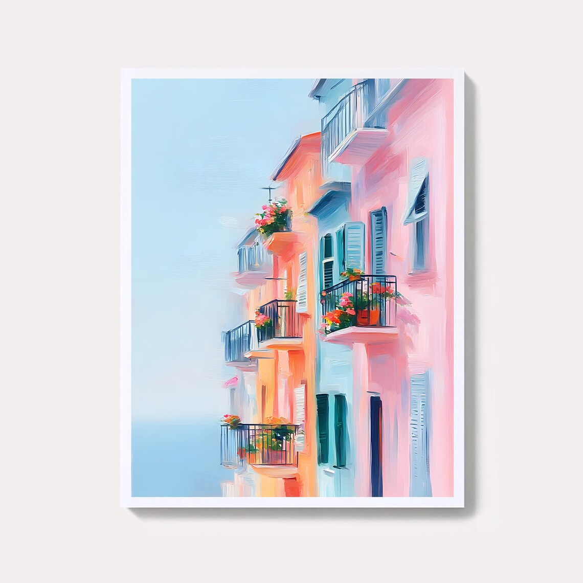 Pastel Italian Street with Flower Balconies Overlooking the Sea Poster