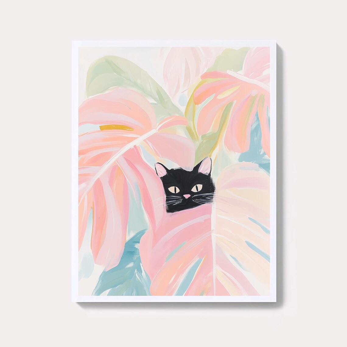 Black Cat Peeking Pink Monstera Leaves Playful Pastel Pet Poster