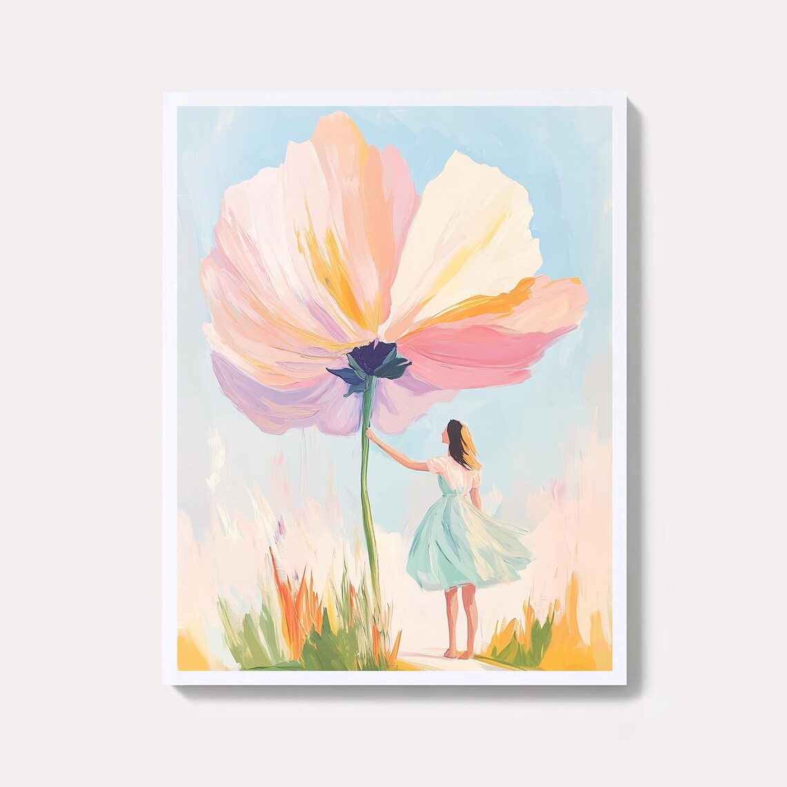 Dreamy Giant Pastel Flower Fantasy Garden Girl in Bloom Poster