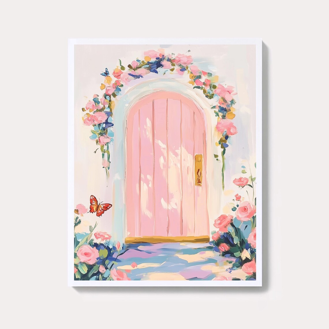 Pink Floral Fairy Door Watercolor Whimsical Butterfly Poster