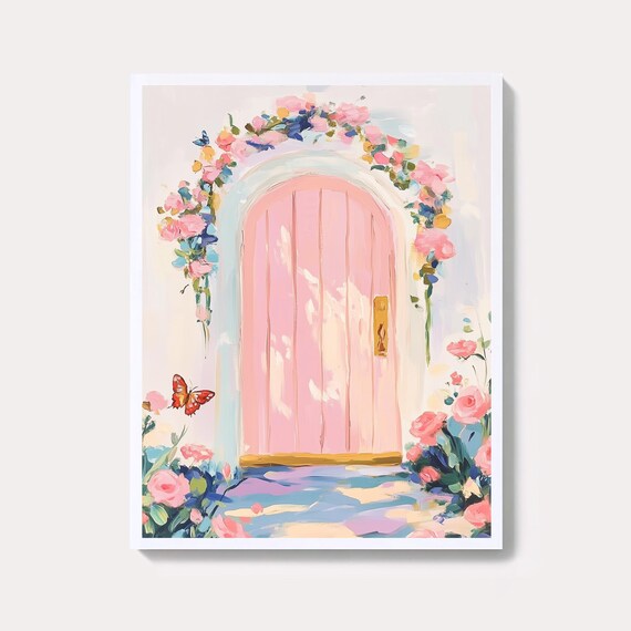 Pink Floral Fairy Door Watercolor Whimsical Butterfly Poster
