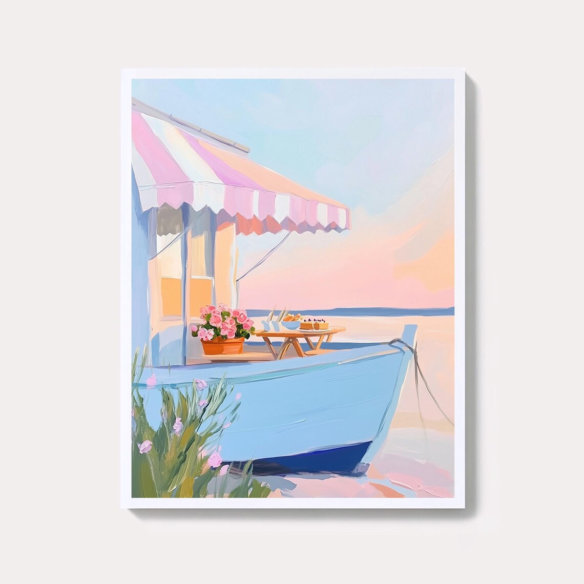 Pastel Blue Lakeside Boat Cafe With Striped Awning Illustration Poster