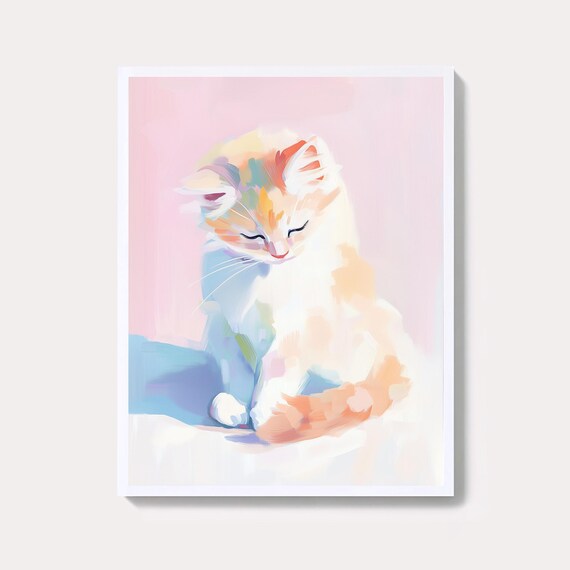 Pastel Watercolor Kitten Sleeping Soft Pink Background Art Print