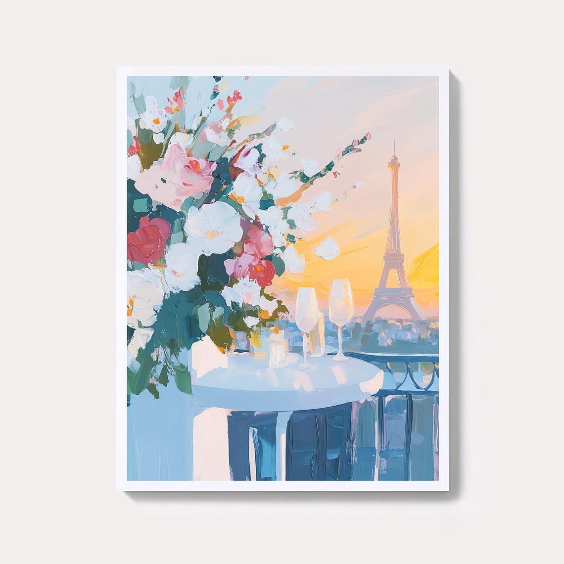 Paris Balcony Sunset Painting With Eiffel Tower And Flowers Poster