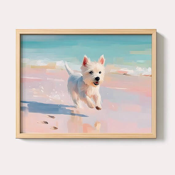 Running Westie Dog Painting Playful White Beach Wall Art Cute Coastal Pet Pastel Animal Decor