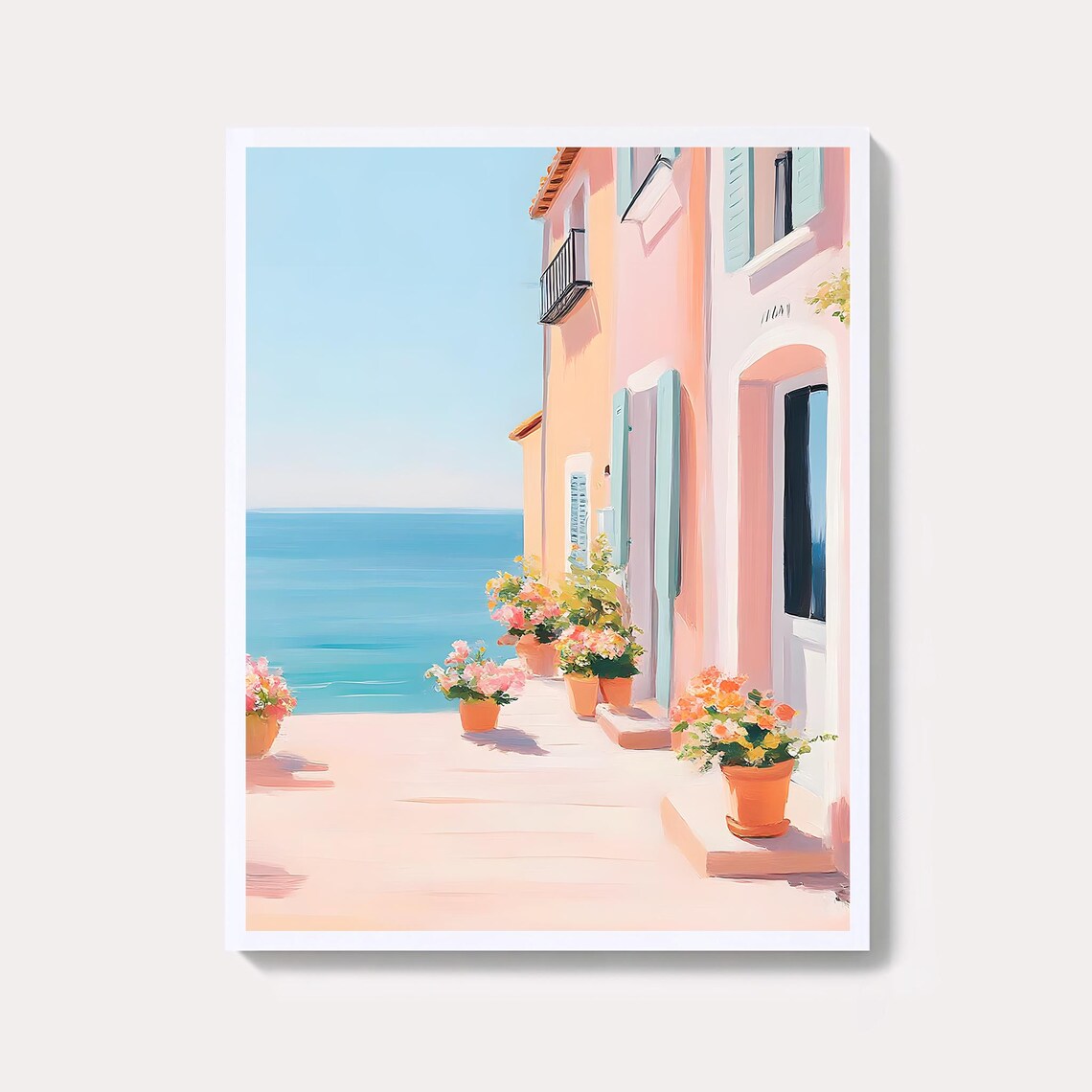 Pink Floral Street by the Sea Pastel Coastal Mediterranean Art Print