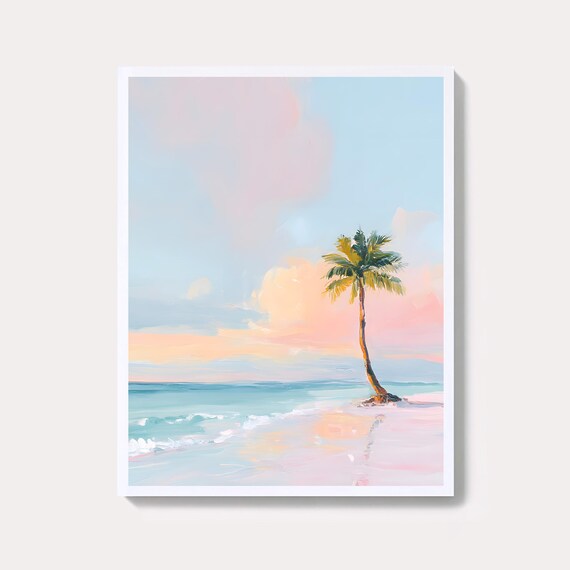 Lone Palm Tree on Pastel Sunset Beach Tropical Coastal Art Poster