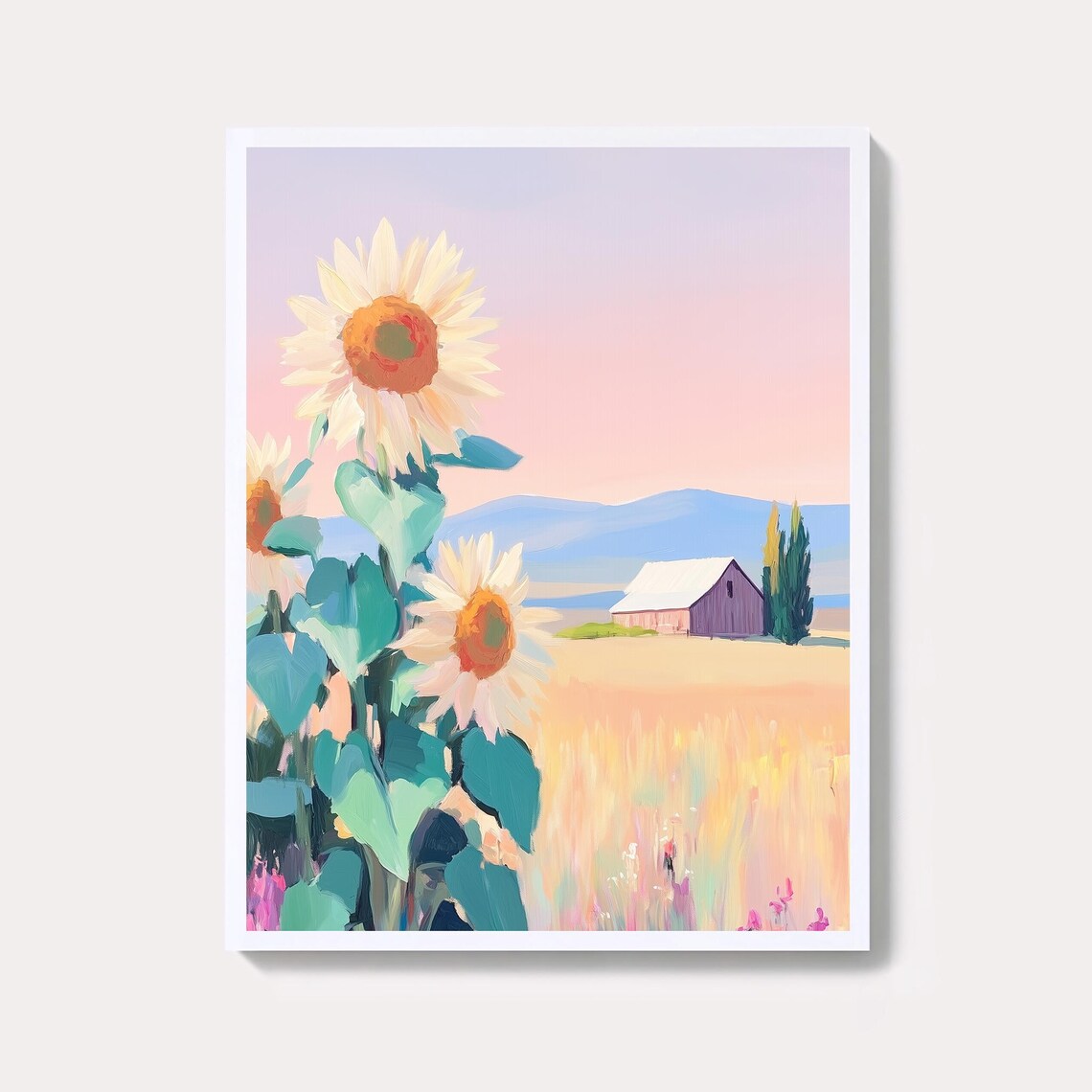 Sunflower Field and Barn at Sunset Pastel Country Landscape Poster