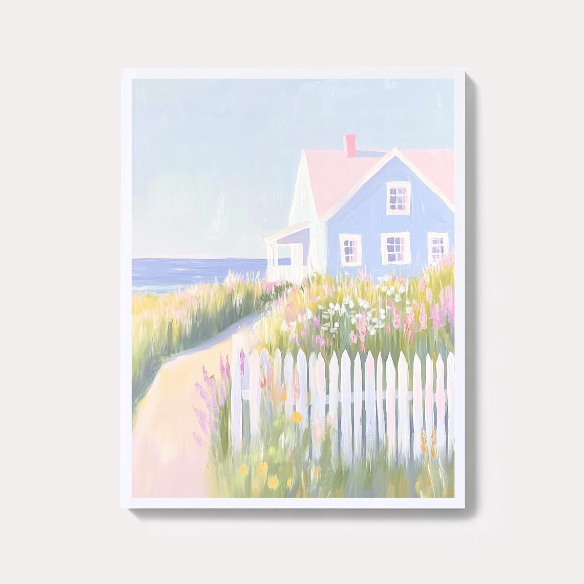 Nantucket Beach Cottage With Picket Fence Pastel Coastal Art Poster