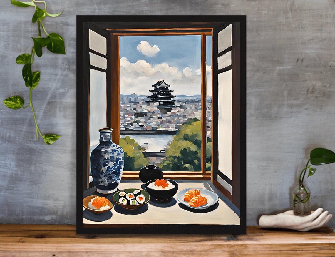 Osaka City Castle Fresh Sushi Window Painting Japan Food Poster