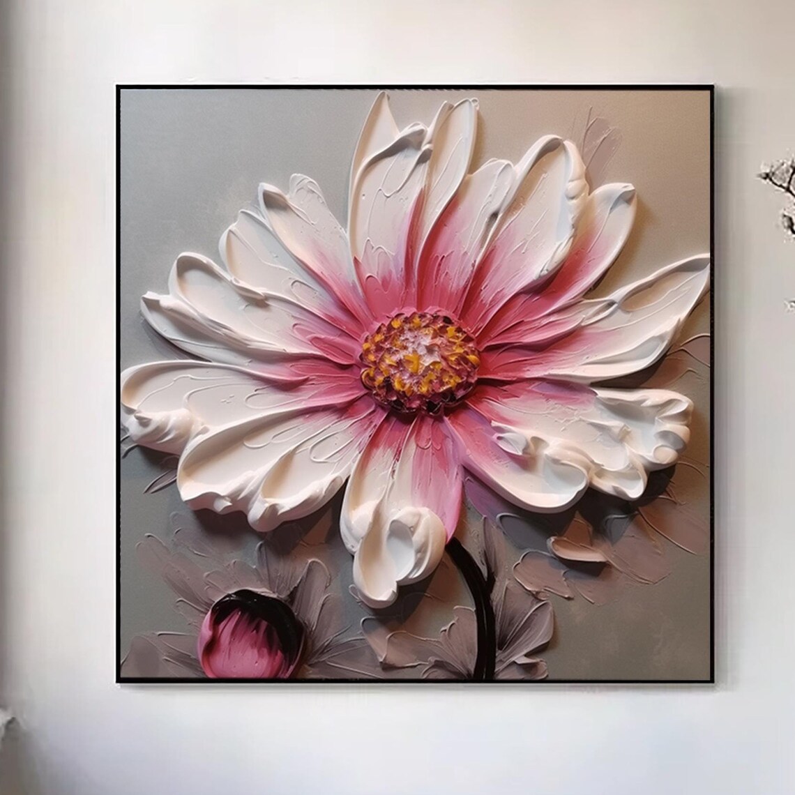 White Pink Daisy Flower Bud 3D Impasto Blooming Floral Square Poster