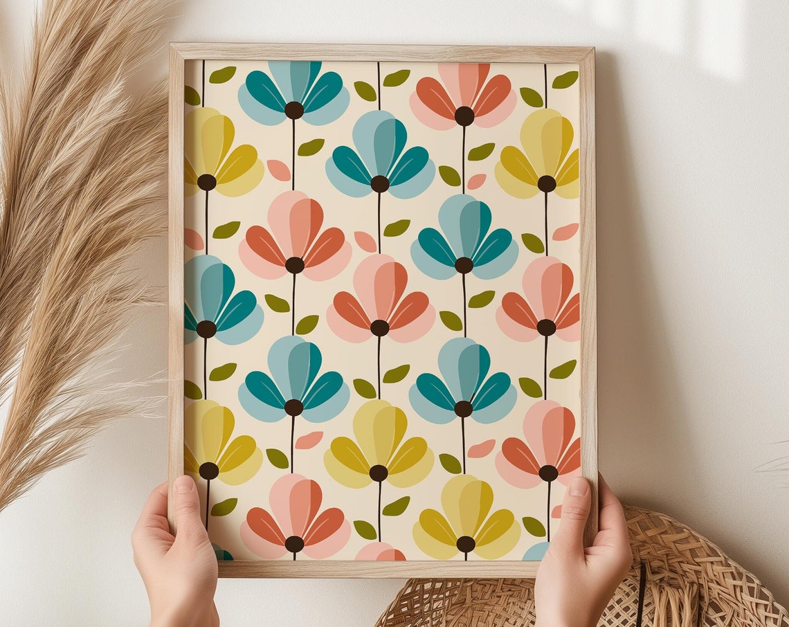 Retro Scandinavian Floral Pattern Mid Century Print For Boho Home