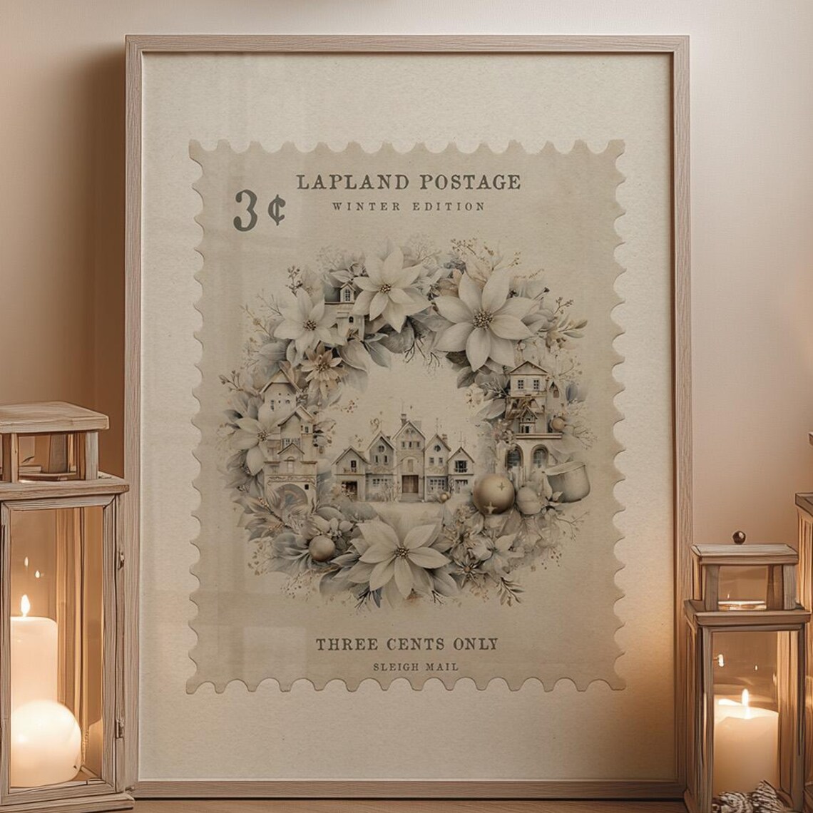 Lapland Postage Winter Stamp Print Christmas Wreath Village Scene