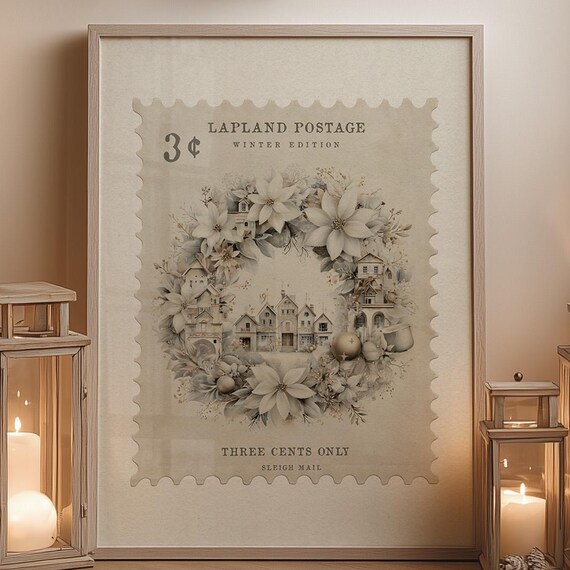 Lapland Postage Winter Stamp Print Christmas Wreath Village Scene