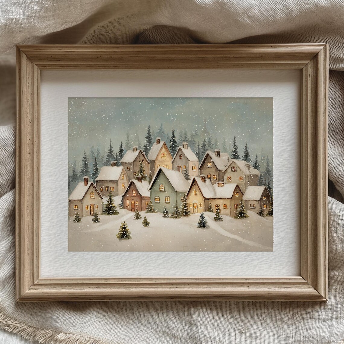 Cozy Snowy Christmas Village Glowing Windows Winter Art Poster
