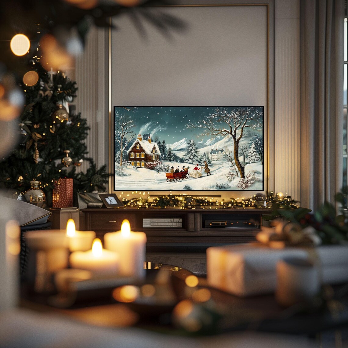 Vintage Christmas Village Sleigh Scene Snowy Night Art Poster - Image 3
