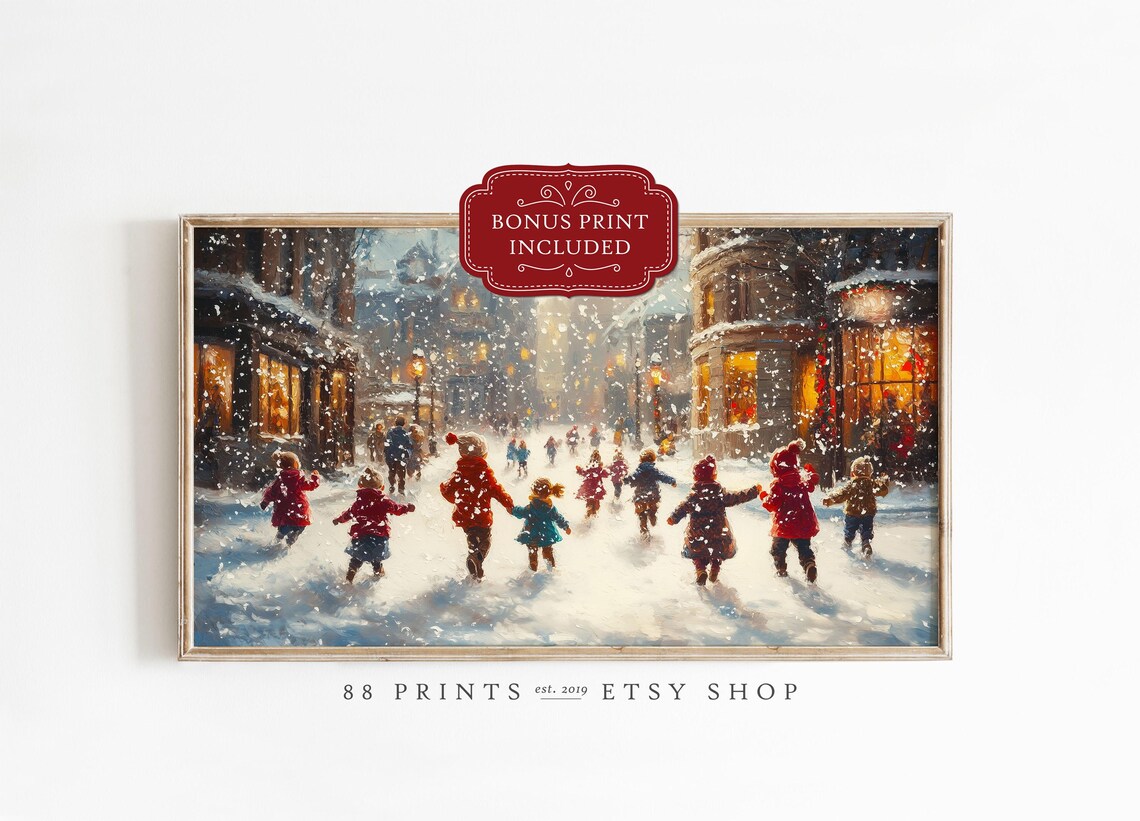Snowy Village Street Children Christmas Frame Tv Holiday Poster