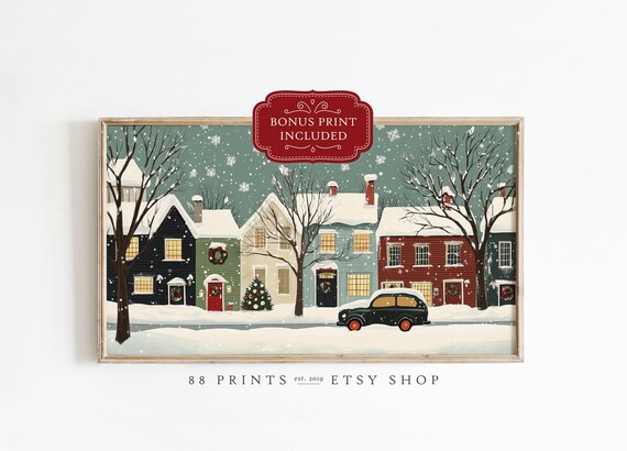 Snowy Christmas Village Street Colorful Houses Vintage Car Poster