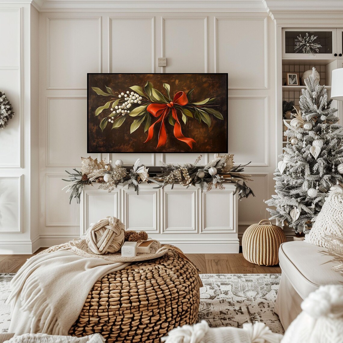 Christmas Mistletoe Red Bow Vintage Oil Painting Holiday Print Gift - Image 2