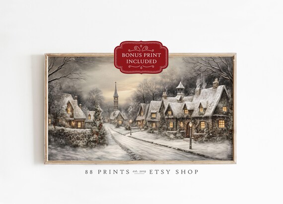 Cozy Snowy Stone Cottage Village Church Winter Night Scene Poster