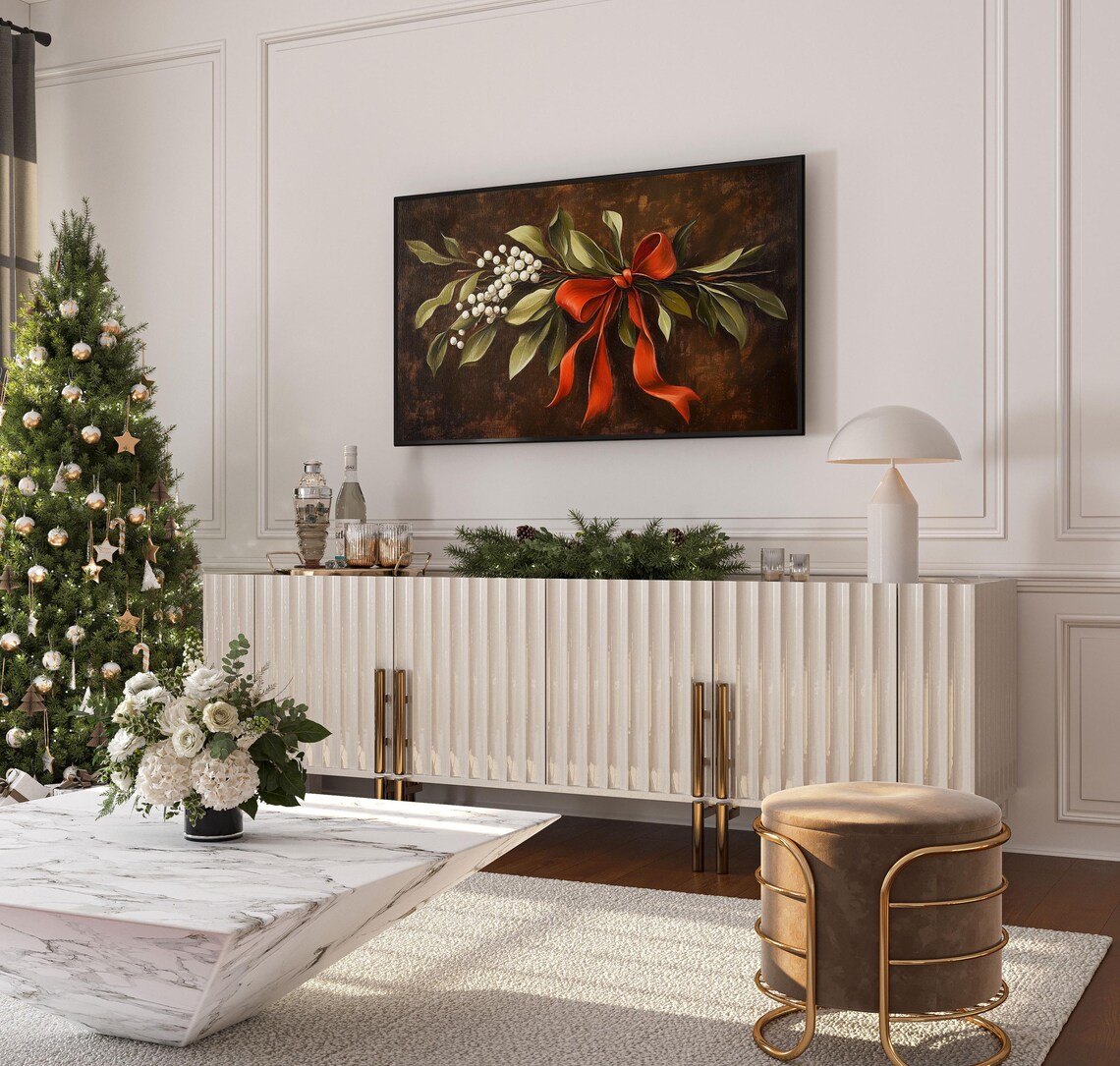 Christmas Mistletoe Red Bow Vintage Oil Painting Holiday Print Gift - Image 4