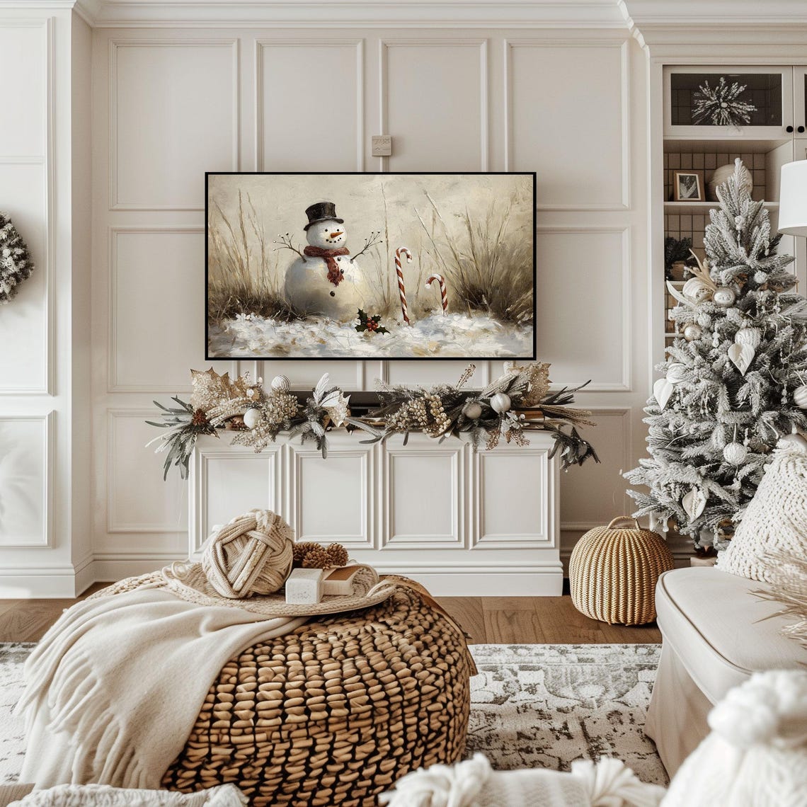 Rustic Snowman with Candy Canes Winter Watercolor Art Poster - Image 2