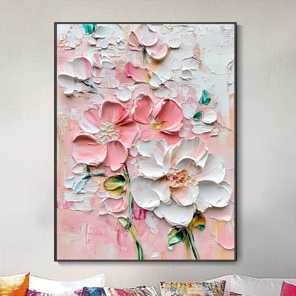 Pink and White Flowers Palette Knife Textured Floral Painting Poster