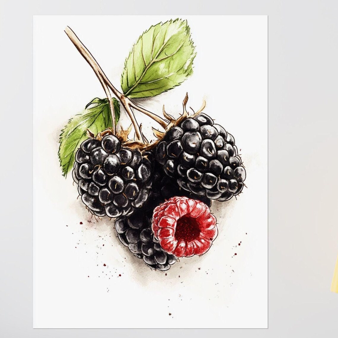 Blackberries With A Single Raspberry Watercolor Berry Fruit Poster