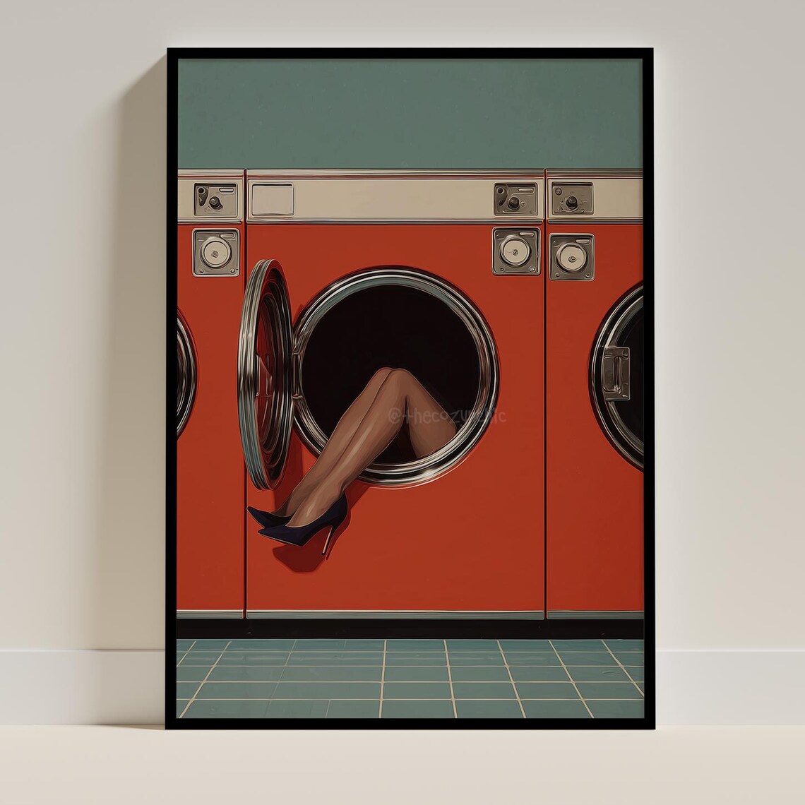 Woman Legs Laundromat Vintage Washing Machine Surreal Art Poster