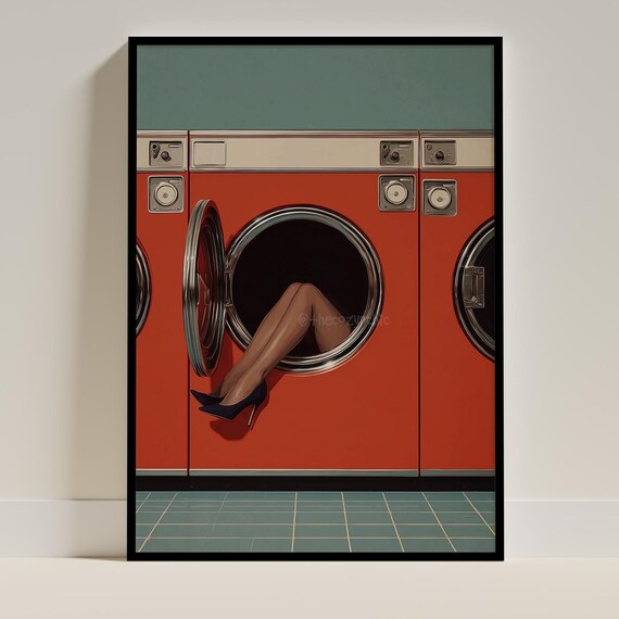 Woman Legs Laundromat Vintage Washing Machine Surreal Art Poster