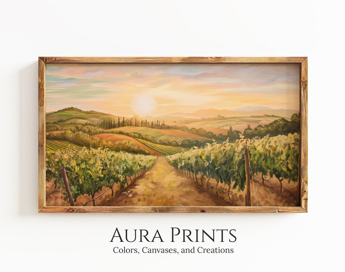 Golden Sunset Over Rolling Vineyard Hills Landscape Art Poster