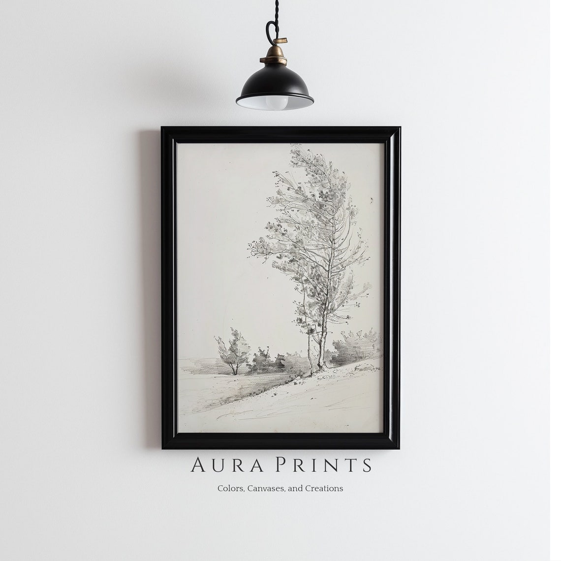 Neutral Pencil Sketch of a Tall Tree on a Riverbank Path Poster