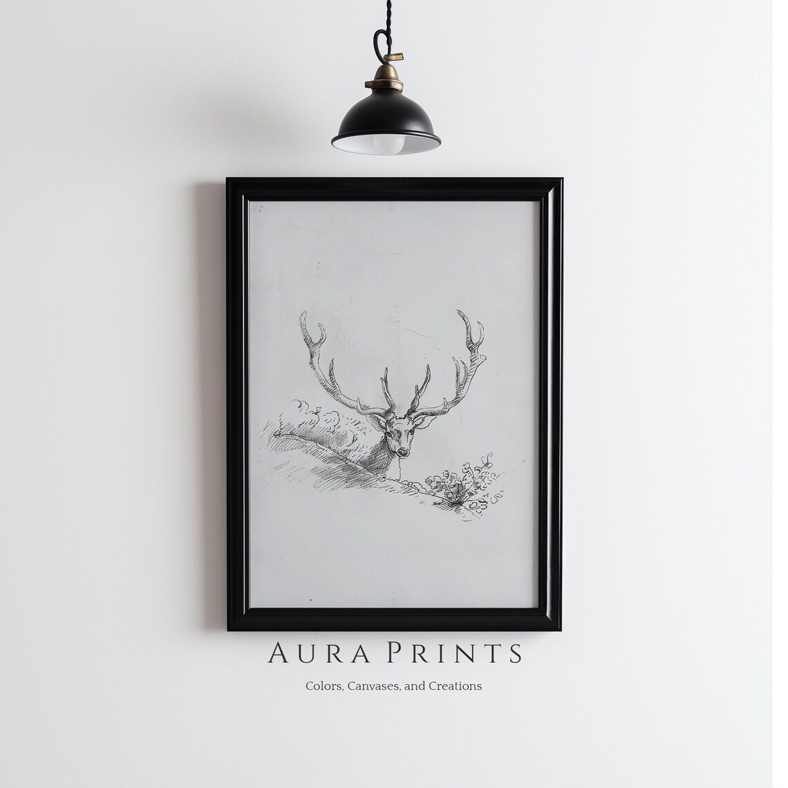 Deer Antlers Sketch Neutral Drawing Vintage Wall Art Rustic Cottage Gift 1001