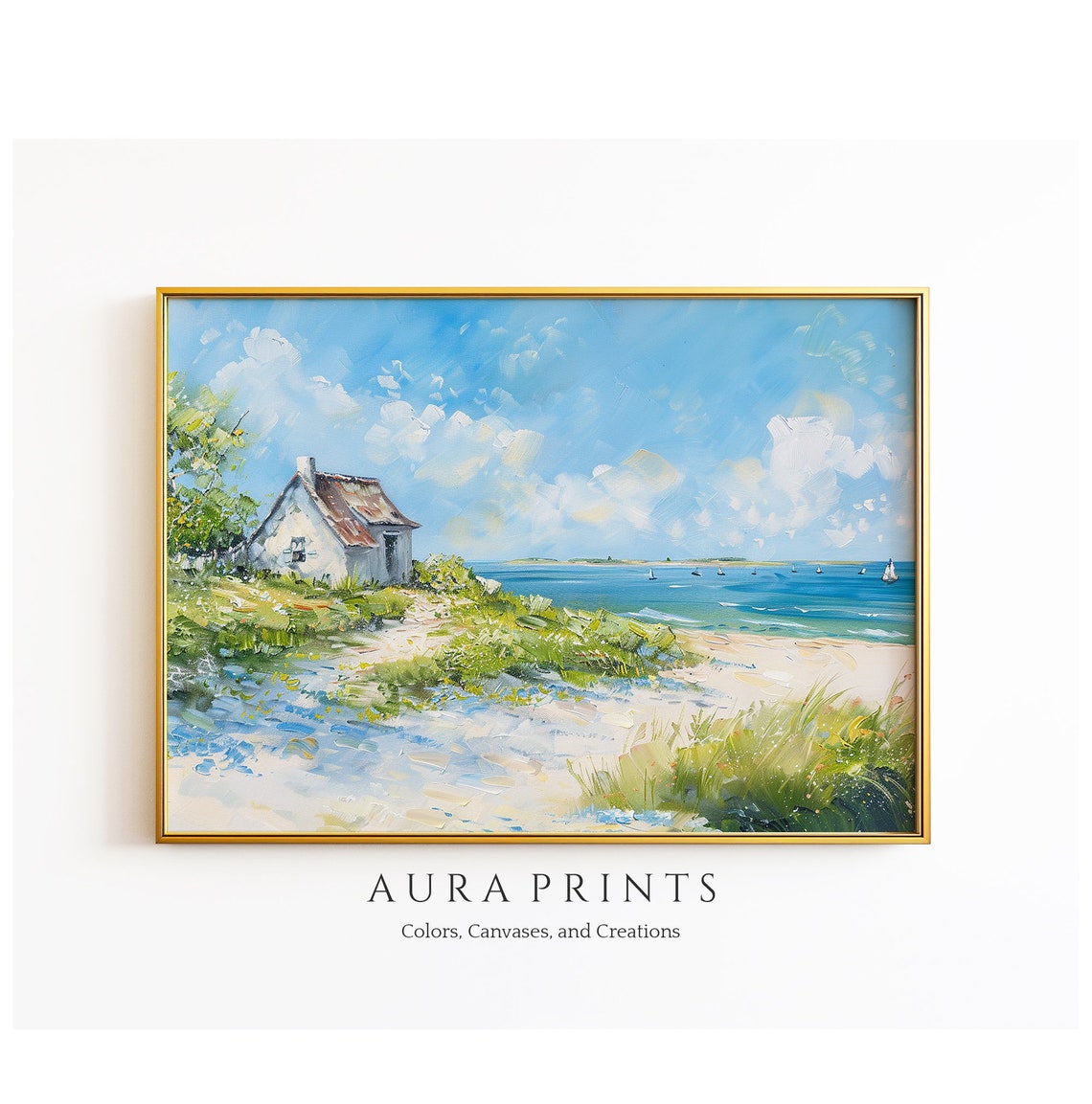 Seaside Cottage Beach Sailboats Impressionist Coastal Art Poster