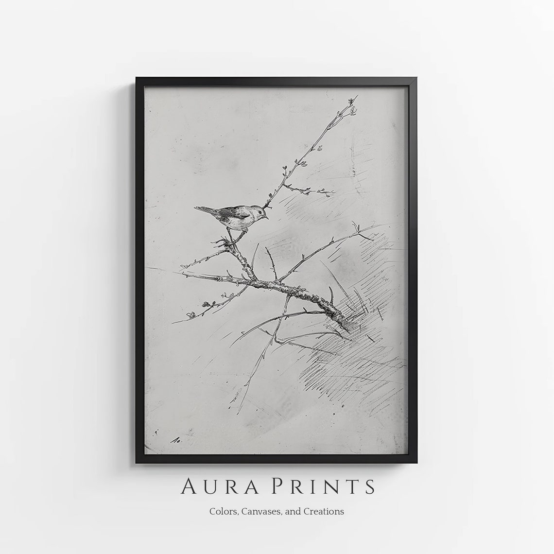 Bird on Branch Pencil Sketch Neutral Vintage Wildlife Drawing Poster