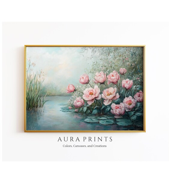 Pink Peonies Pond Oil Painting Garden Flowers Water Lily Art Poster