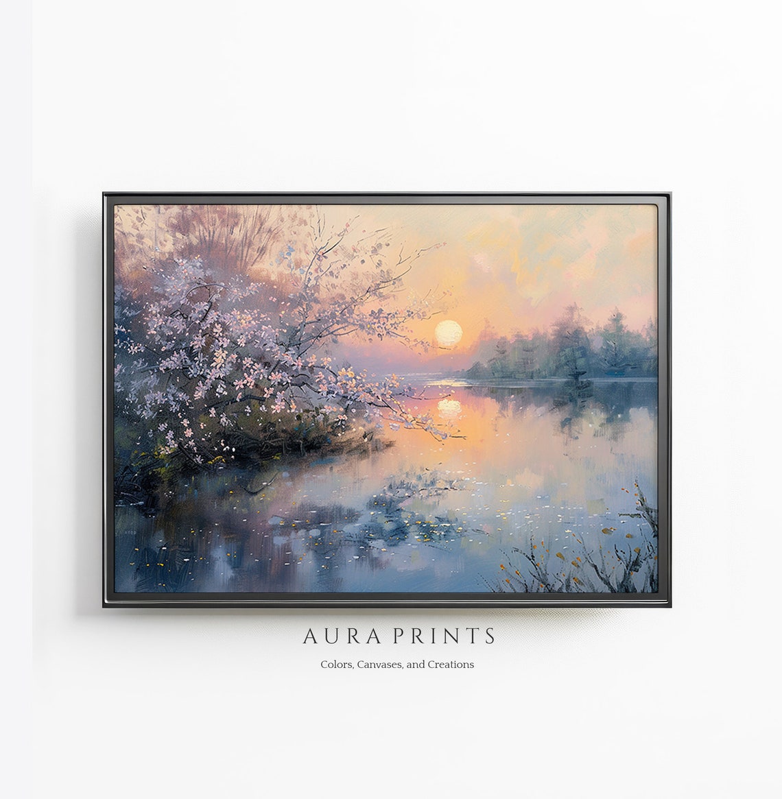 Spring Cherry Blossom Lake Sunrise Reflections Vintage Floral Poster