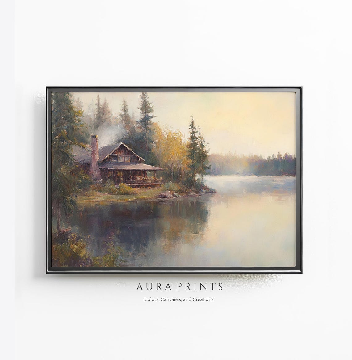 Misty Lakeside Cabin Pines Morning Light Oil Painting Poster