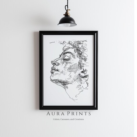 Expressive Ink Line Sketch Young Woman Profile Portrait Poster