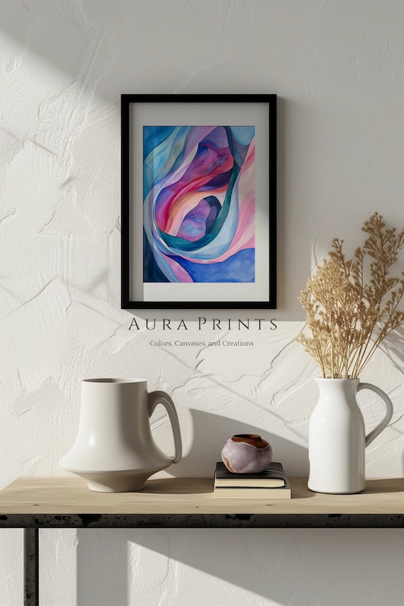 Floral Inspired Abstract Swirls Pink Blue Modern Watercolor Poster
