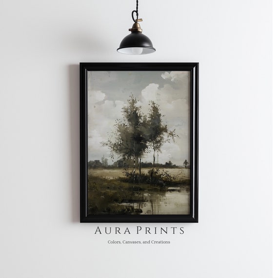 Country Riverbank With Trees Rustic Landscape Painting Vintage Cottage Wall Art Gift 1031