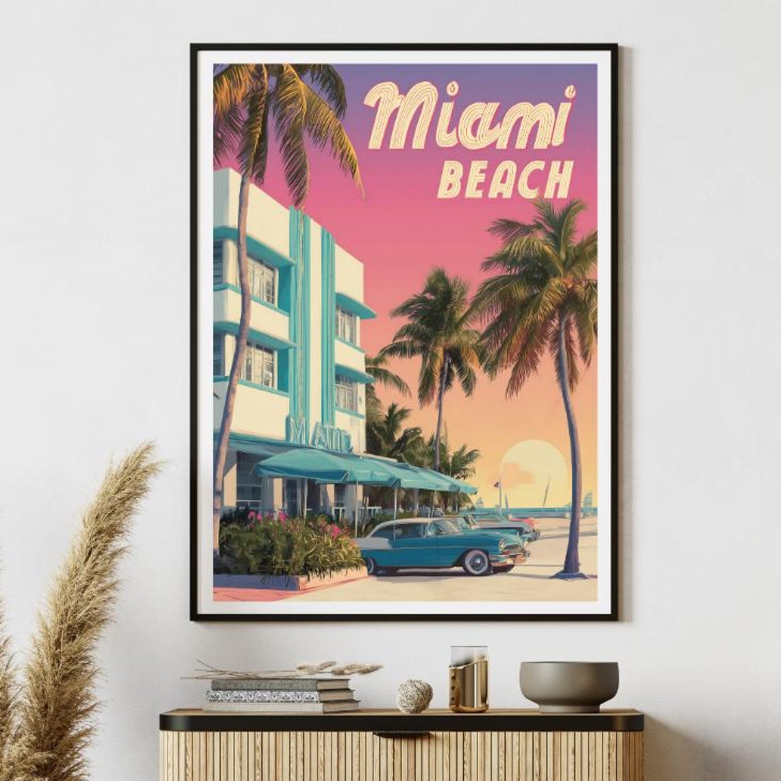 Miami Beach Vintage Art Deco Hotel Sunset Retro Travel Poster