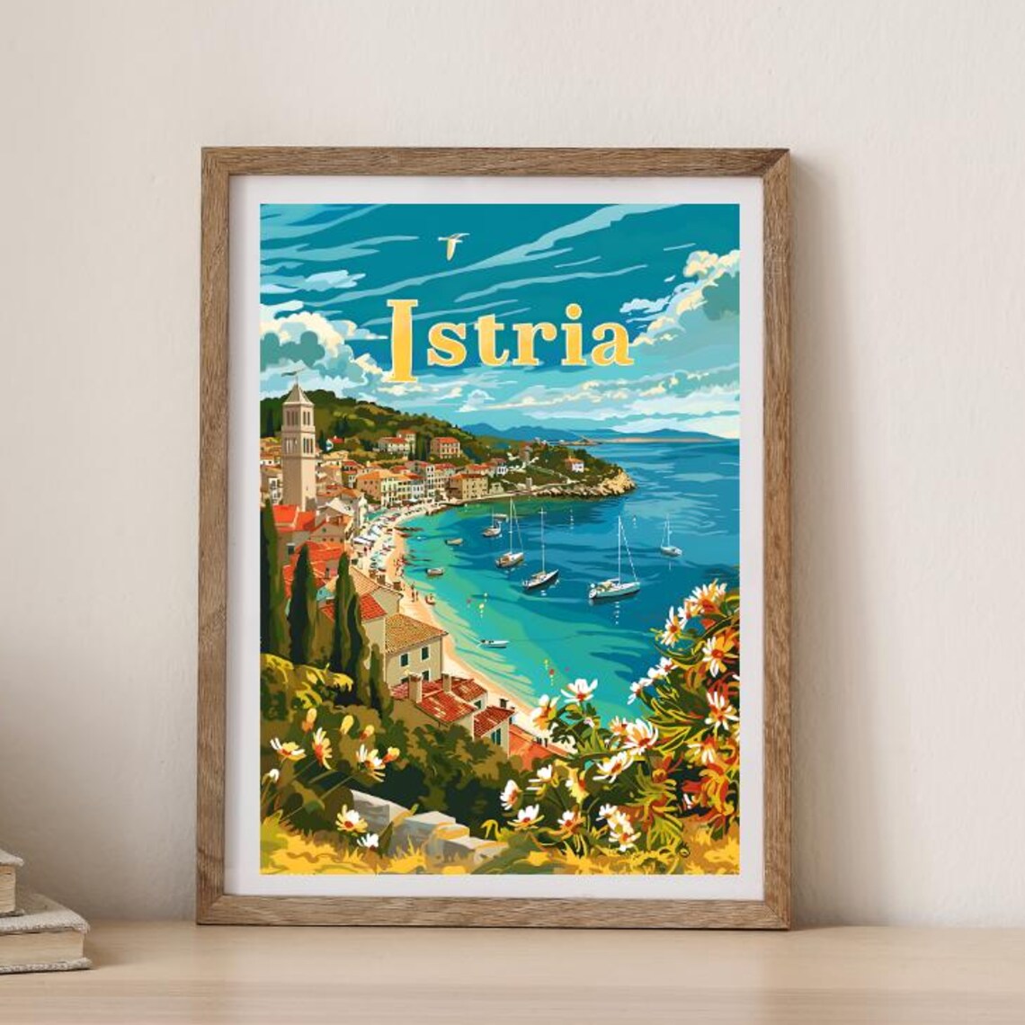 Istria Adriatic Coastal Town Sailboats Retro Vintage Travel Poster
