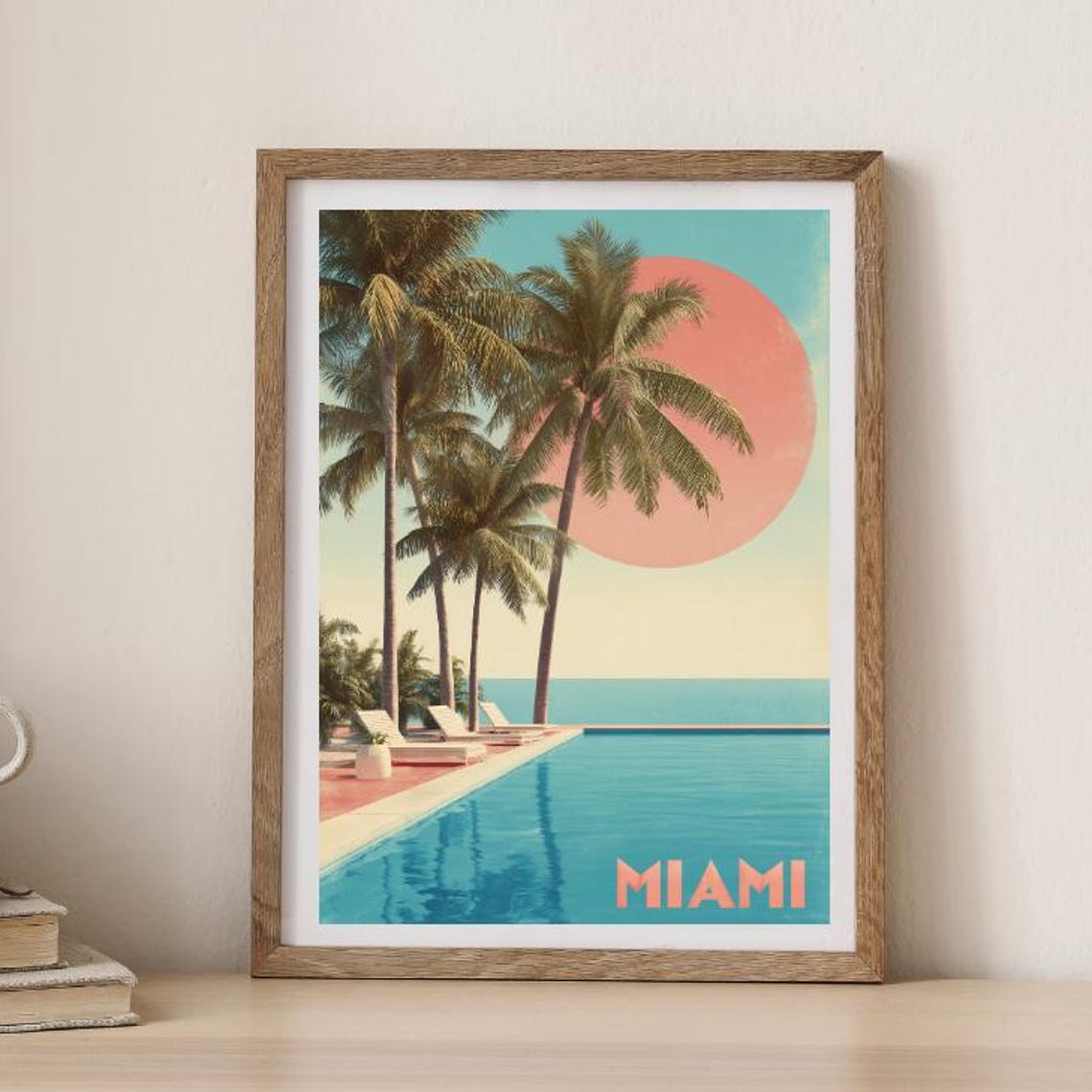 Miami Retro Infinity Pool Palm Trees Sunset Minimalist Travel Poster
