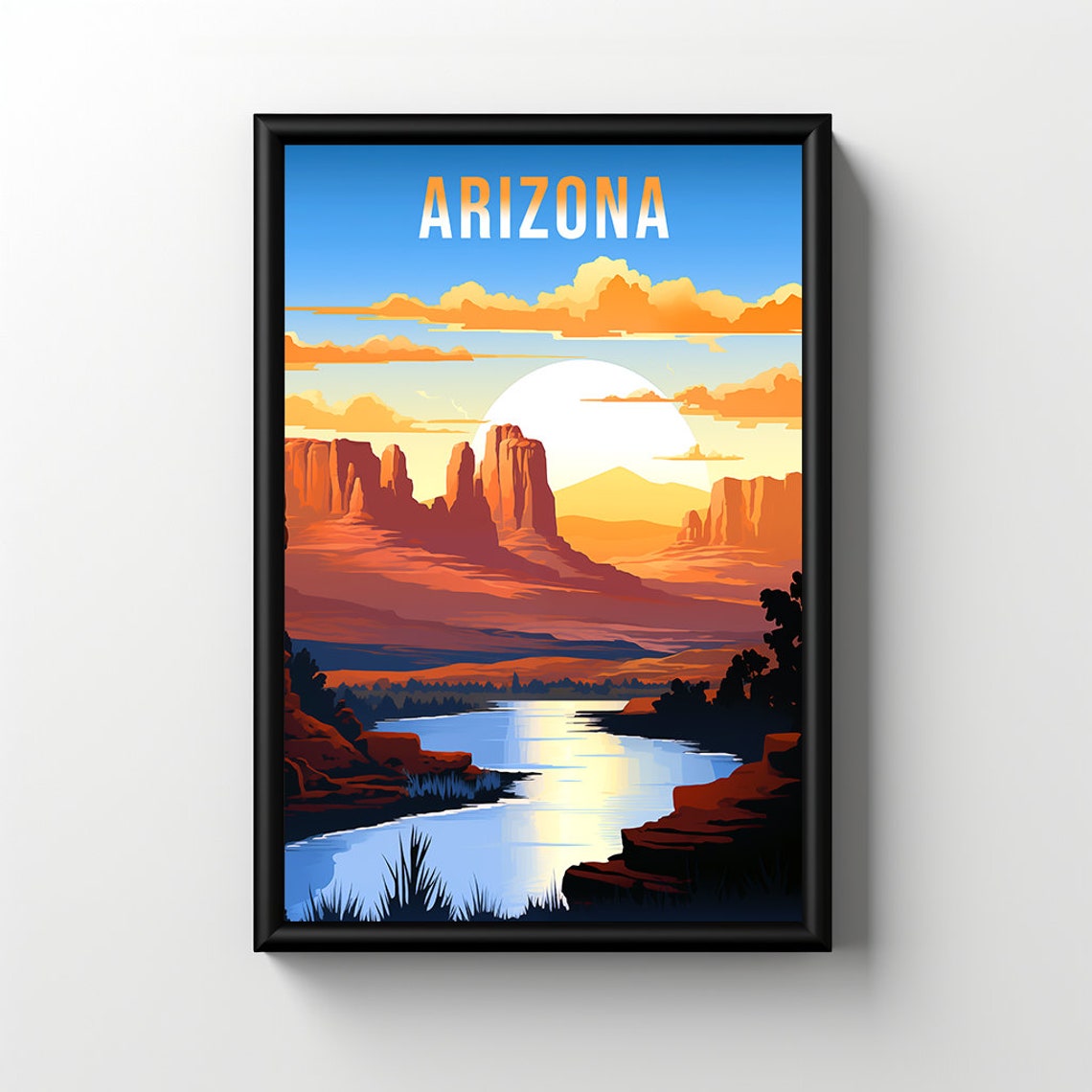 Arizona Red Rock Desert Canyon River Sunset Retro Art Poster