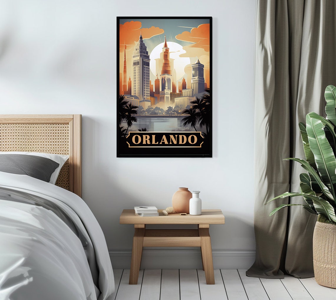 Orlando Florida City Skyline at Dusk Palms Lake Retro Art Poster - Image 3