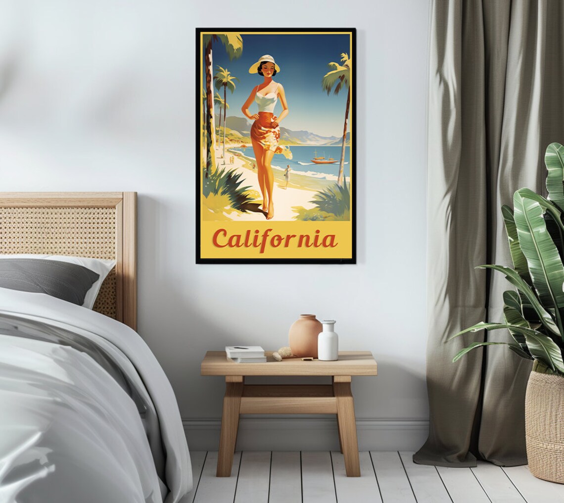 California Beach Retro Pin Up Woman Palms Ocean Travel Poster - Image 3
