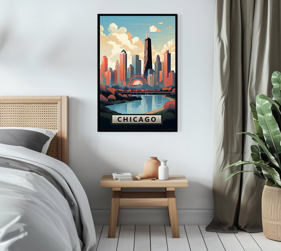 Chicago Illinois Downtown Skyline at Dusk River Retro Art Poster - Image 3