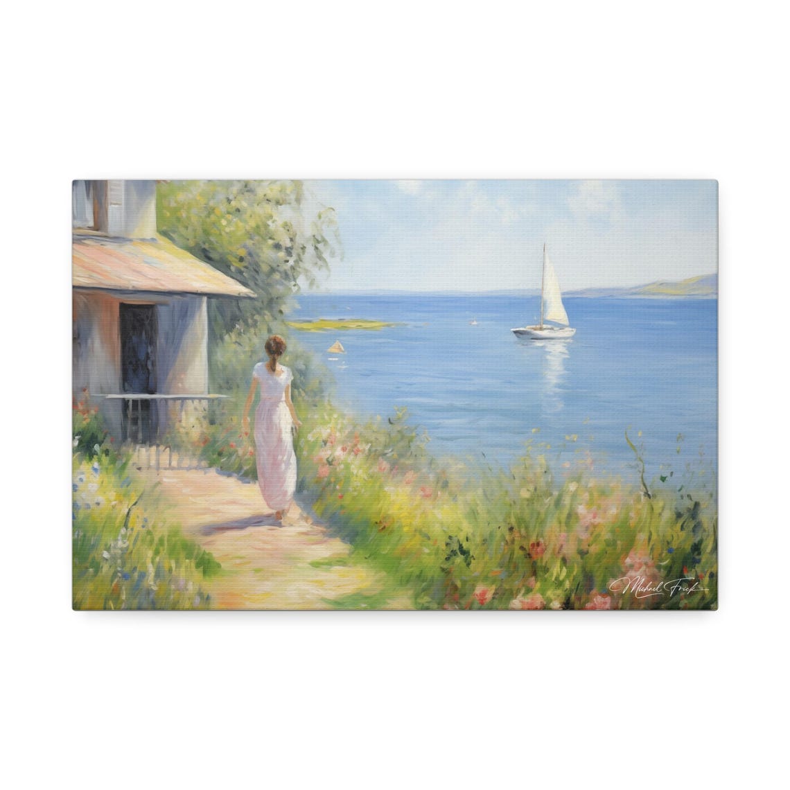 Woman Strolling Toward The Sea With Sailboat Coastal Wall Art - Image 2